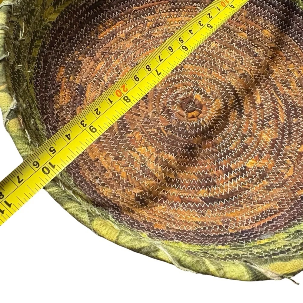 Fabric Wrapped Rope Basket Green And Brown 10” Handmade Earthy Boho Storage Tray